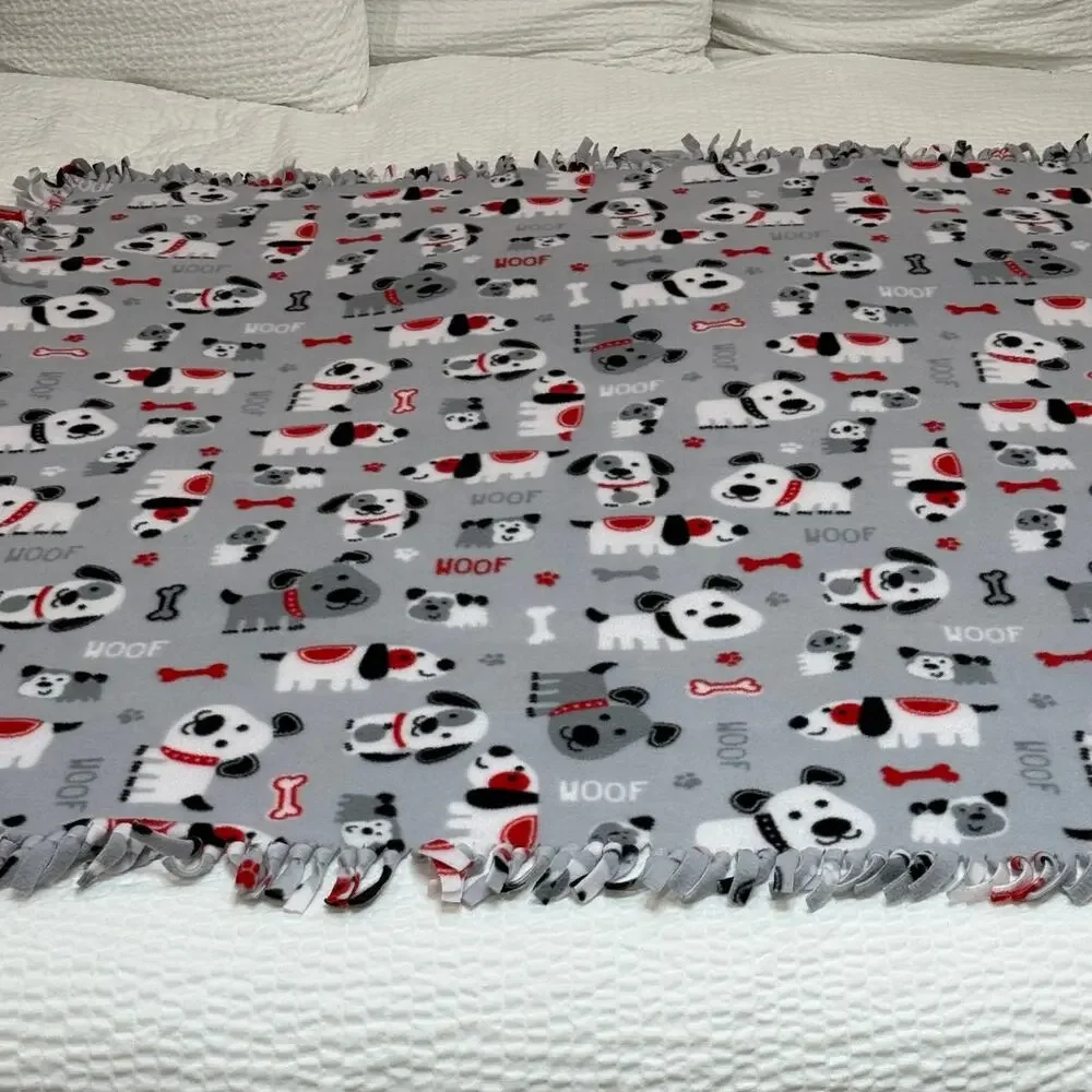HANDMADE Dog Puppy Fleece Tie Blanket Gray Woof Paw Print Throw Pet Lover 54x52